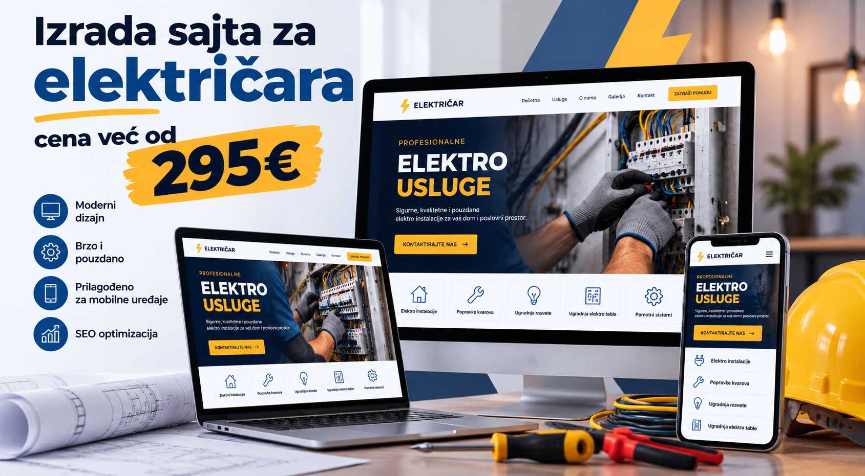 Izrada sajta za električara cena već od 295€ – moderan web sajt prikazan na desktopu, laptopu i mobilnom telefonu.