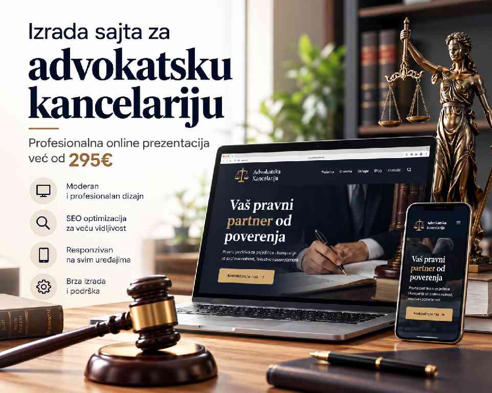 Izrada sajta za advokatsku kancelariju – profesionalan dizajn, SEO optimizacija i responzivan prikaz već od 295€.