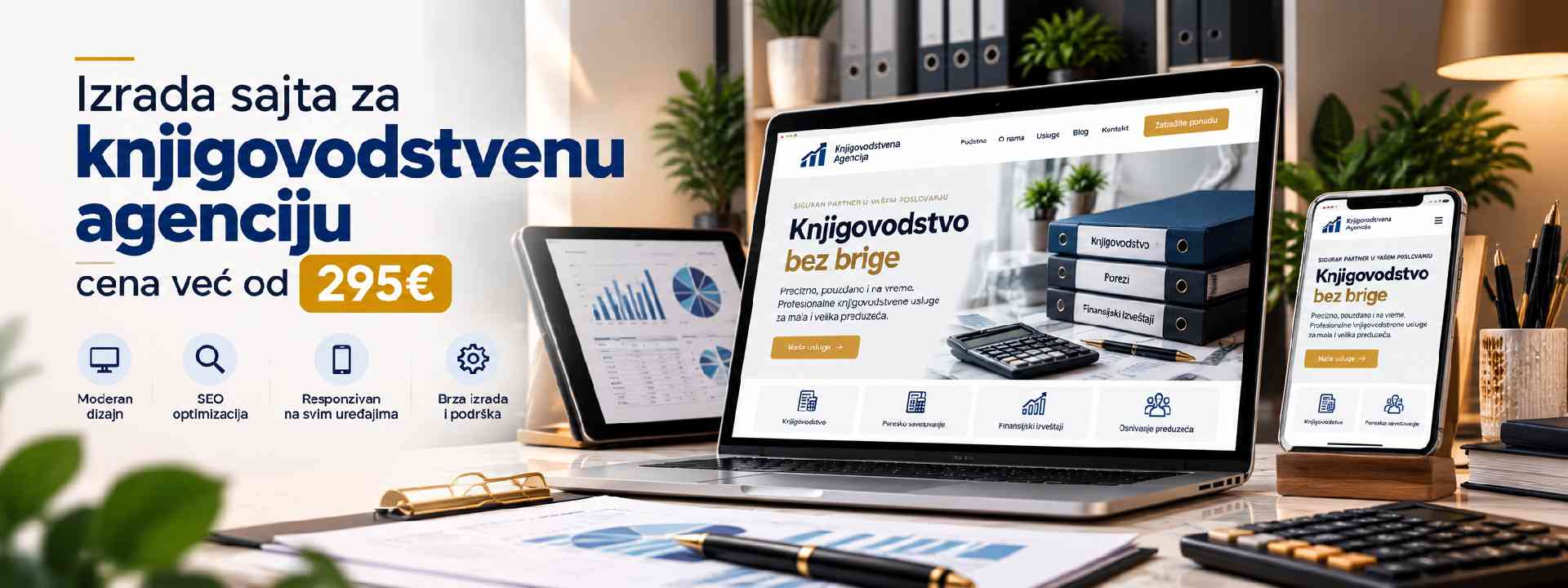 Izrada sajta za knjigovodstvenu agenciju – moderan web dizajn i profesionalni mockup prikaz na laptopu, tabletu i mobilnom telefonu.